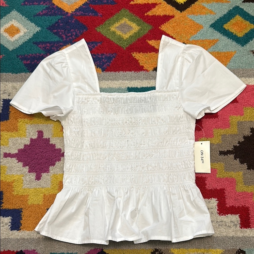 On 34th White Puff Sleeve Blouse with Smocked Peplum Hem
